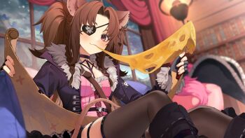 1girl absurdres animal_ears belt black_boots black_gloves black_hat black_thighhighs book bookshelf boots breasts brown_belt brown_hair closed_mouth commentary_request commission eating eyepatch fingerless_gloves food fur-trimmed_jacket fur_trim gloves hat highres hiiragi_mikoto holding holding_map indie_virtual_youtuber indoors jacket kyoharu_(vtuber) long_hair long_sleeves looking_at_viewer map medium_breasts mouse_ears mouse_girl open_clothes open_jacket pirate_hat purple_eyes purple_jacket skeb_commission skull_and_crossbones solo thighhighs two_side_up virtual_youtuber window