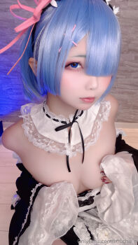 Rule 34 | 1girl, blue eyes, blue hair, bob cut, breasts, cosplay, dress, frills, japanese (nationality), maid, nagomitei chu3, navel, re:zero kara hajimeru isekai seikatsu, real life, rem (re:zero), thighhighs, tongue, tongue out