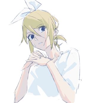 1girl blonde_hair blue_eyes bow commentary_request frown hair_between_eyes hair_bow hands_up kagamine_rin own_hands_clasped own_hands_together parted_lips ponytail shirt short_hair short_ponytail short_sleeves simple_background solo sweatdrop vocaloid white_background white_bow white_shirt wounds404