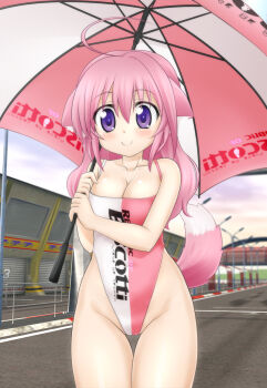 Rule 34 | 10s, 1girl, adapted costume, alternate costume, animal ears, blurry, depth of field, dog days, dog ears, dog girl, female focus, hair between eyes, highleg, highleg leotard, highres, koyomisa, legs together, leotard, millhiore f. biscotti, multicolored leotard, pink hair, purple eyes, race queen, solo, standing, tail, thighs, umbrella, wavy hair, white leotard