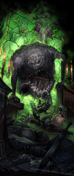 6+boys armor black_eyes black_skin blonde_hair book breastplate brown_hair candelabra candle candlestand colored_skin colored_smoke cuchulainn_(fft) death extra_mouth fangs final_fantasy final_fantasy_tactics gauntlets glassshard hair_over_eyes highres looking_at_another looking_down monster monster_focus multiple_boys navel on_ground penis ponytail ramza_beoulve robe saliva saliva_trail scared slime_(substance) smile smoke spandex stained_glass stairs string sword vore weapon white_mage white_mage_(fft) white_mage_(final_fantasy)