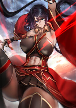 1girl absurdres alternate_eye_color armpits arms_up bare_shoulders black_dress black_hair blue_eyes boots braid braided_ponytail breasts cloak clothing_cutout collar collarbone curvy detached_sleeves dress fate/grand_order fate_(series) fingerless_gloves full_body gloves gold_boots grey_eyes hair_between_eyes hephaestion_(fate) heterochromia highres holding holding_sword holding_weapon jikihatiman jumping large_breasts long_hair looking_at_viewer metal_collar midair miniskirt navel pleated_skirt presenting_armpit red_cloak ribbon_trim short_sword skirt sky smile solo stomach_cutout summoning sword thigh_boots thighhighs thighs weapon zettai_ryouiki