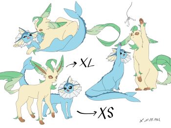 :&lt; :d :p animal_focus animal_hands black_eyes blue_fur brown_eyes brown_fur cetacean_tail fang fins fish_tail full_body gen_1_pokemon gen_4_pokemon green_fur head_fins highres leaf leafeon looking_at_another lying nintendo no_humans on_back open_mouth paw_up pawpads pokemon pokemon_(creature) pokemon_focus pp_7762 simple_background skin_fang smile standing tail tongue tongue_out vaporeon white_background yellow_fur