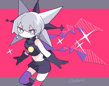 1girl aida_(aidia) akuukan_kizamu bare_shoulders black_boots black_gloves black_shirt black_shorts boots closed_mouth commentary coneru_-dimension_girl- crop_top cropped_shirt double-parted_bangs feet_out_of_frame gloves grey_eyes grey_hair hair_between_eyes highres knee_boots letterboxed lightning_bolt-shaped_pupils long_hair looking_at_viewer midriff navel outside_border pink_background pointy_hair purple_thighhighs shirt shorts signature sleeveless sleeveless_shirt solo sparkle standing striped_clothes striped_thighhighs symbol-shaped_pupils thighhighs v-shaped_eyebrows