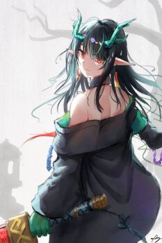 Rule 34 | 1girl, arknights, black hair, dragon girl, dragon horns, dragon tail, dusk (arknights), earrings, eastern dragon tail, green horns, hair over one eye, highres, horns, jewelry, long hair, nyanko960121, pointy ears, red eyes, solo, tail, tassel, tassel earrings