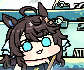 1girl :3 ahoge animal_ears blue_eyes brown_hair commentary daring_tact_(umamusume) derivative_work hair_ornament hair_ribbon horse_ears horse_girl japan_racing_association jazz_jack looking_at_viewer onsen_symbol ribbon screenshot_redraw solo star_(symbol) star_hair_ornament teeth umamusume