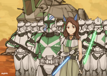 Rule 34 | 1girl, 6+boys, absurdres, asymmetrical clothes, at-te walker, black choker, blue lightsaber, bow, brown hair, chinese commentary, choker, clone trooper, commentary, cosplay request, ear covers, energy gun, energy sword, english commentary, green bow, green lightsaber, gun, helmet, highres, holding, holding gun, holding sword, holding weapon, horse girl, jedi, king halo (umamusume), lightsaber, long hair, mixed-language commentary, multiple boys, parody, red eyes, science fiction, star wars, star wars: attack of the clones, sword, umamusume, weapon, yaya (17201490)