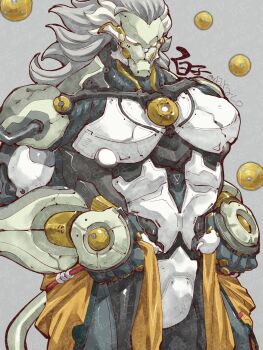 1boy adversarial_noise artist_name banyue_(zenless_zone_zero) claws commentary_request facing_viewer floating_ball grey_background grey_hair highres holding_unworn_jacket male_focus robot_boy shirako_(kirupi) tail twitter_username zenless_zone_zero