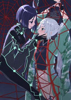 2girls aqua_haori bdsm black_bodysuit black_eyes black_hair black_kimono bodysuit bondage bound fate/grand_order fate/samurai_remnant fate_(series) hakama hand_on_another&#039;s_face haori high_ponytail highres japanese_clothes kimono kishimen_hair multiple_girls neon_trim parted_bangs ponytail print_haori shibari shibari_over_clothes silk spider_web striped_bodysuit titiduki_(manman-ya) ushi_gozen_(avenger)_(fate) ushi_gozen_(fate) white_hair white_hakama yui_shousetsu_(fate) yui_shousetsu_(second_ascension)_(fate)