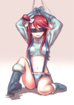 10s 1girl bdsm blindfold blue_boots blue_eyes bondage boots bound chain chained female_focus gloves gym_leader hair_ornament hiraga_matsuri hirasato midriff navel nintendo pokemon pokemon_bw red_hair shorts skyla_(pokemon) solo suspenders