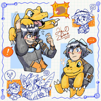 Rule 34 | 1boy, agumon, digimon, digimon (creature), digitama, egg, goggles, goggles on head, smile, taiga (digimon), wargreymon, wargreymon x-antibody