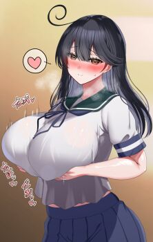 1girl alternate_breast_size_(larger) ar_(lover_boy) black_hair blue_neckerchief blue_sailor_collar blue_skirt blush breasts brown_background brown_eyes cowboy_shot gradient_background groping heart highres kantai_collection large_breasts long_hair neckerchief nose_blush pleated_skirt sailor_collar sailor_shirt shirt skirt solo spoken_heart standing steam ushio_(kancolle) white_shirt