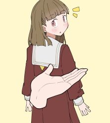 Rule 34 | 1girl, :o, blunt bangs, blush, braid, brown dress, brown hair, center-flap bangs, chin on palm challenge, commentary, cowboy shot, disembodied hand, dress, hashtag-only commentary, hasu no sora school uniform, highres, kachimachi kosuzu, link! like! love live!, liz (piyoko piyop), long hair, long sleeves, looking at viewer, looking back, love live!, neckerchief, notice lines, open mouth, pink eyes, pleated dress, sailor collar, sailor dress, school uniform, side braid, simple background, straight hair, virtual youtuber, white sailor collar, winter uniform, yellow background, yellow neckerchief