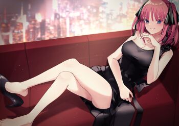 1girl arm_under_breasts back_bow bare_arms bare_legs bare_shoulders barefoot black_boots black_bow black_dress black_flower black_ribbon black_rose blue_eyes blunt_bangs boots bow breasts butterfly_hair_ornament cityscape cleavage couch dress dress_flower eyelashes flower frilled_dress frills full_body go-toubun_no_hanayome grin hair_between_eyes hair_ornament hair_ribbon hand_on_own_chin high_heels highres indoors large_breasts light_blush long_legs looking_at_viewer lying medium_hair nakano_nino on_back on_couch pleated_dress profnote red_hair red_nails ribbon rose shadow sidelocks smile solo thighs two_side_up unworn_boots