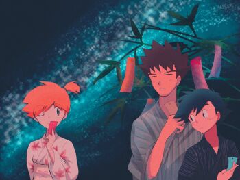 Rule 34 | 1girl, 2boys, alternate costume, ash ketchum, bamboo, black hair, black kimono, blush, brock (pokemon), brown hair, closed eyes, closed mouth, floral print, green eyes, hand up, holding, japanese clothes, kimono, misty (pokemon), multiple boys, night, nintendo, one eye closed, orange hair, outdoors, pokemon, pokemon (anime), pokemon (classic anime), pokemon rgby, robe, sash, short hair, side ponytail, sky, smile, spiked hair, star (sky), tanabata, tanzaku, white kimono, yukata