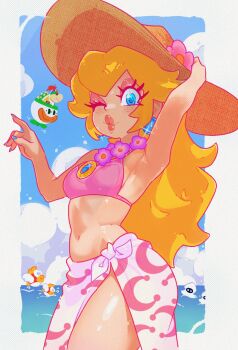 1girl arm_behind_head arm_up armpits bikini blonde_hair blue_eyes blue_nails blue_sky blush bowser_jr. breasts cloud commentary cowboy_shot day earrings english_commentary eyelashes flower flower_necklace food hand_on_headwear hat hat_flower highres jewelry lips long_hair looking_at_viewer mario_(series) medium_breasts nail_polish navel necklace nintendo o3o ocean official_alternate_costume one_eye_closed open_mouth outdoors pink_bikini pink_flower pink_lips princess_peach print_sarong puckered_lips sarong sky smile snailbrunch solo sphere_earrings stomach straw_hat sun_hat swimsuit thighs water white_sarong wink