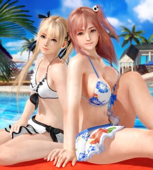 2girls 3d back-to-back bikini bikini_skirt blonde_hair breasts cleavage dead_or_alive dead_or_alive_xtreme highres honoka_(doa) large_breasts looking_at_viewer marie_rose multiple_girls navel official_art pink_hair side_ponytail sitting small_breasts smile stomach swimsuit twintails