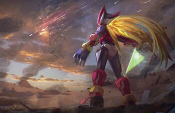 Rule 34 | 1boy, absurdres, advarcher, armor, blonde hair, desert, energy sword, from behind, helmet, highres, holding, holding sword, holding weapon, long hair, male focus, mega man (series), mega man zero (series), red armor, red helmet, solo, standing, sword, weapon, zero(z) (mega man), zero (mega man)