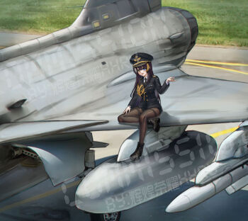 1girl absurdres aiguillette aircraft airplane alina_svard_kovalenko_(laotianaviator) artist_name black_boots black_hair black_pantyhose blue_eyes boots breasts brown_eyes brown_necktie buttons collared_shirt commission day fighter_jet grass green_hair grey_hair hand_on_own_thigh hand_up hat heterochromia highres huihuang_rongyao insignia jacket lace-up_boots landing_gear long_hair long_sleeves medium_breasts military military_dress_uniform military_hat military_jacket military_rank_insignia military_uniform military_vehicle missile mixed-language_commentary multicolored_hair multilingual_commentary necktie open_mouth original outdoors pantyhose peaked_cap ribbon_bar runway saab saab_gripen shirt sidelocks sitting smile solo streaked_hair swedish_air_force swedish_flag watermark white_shirt