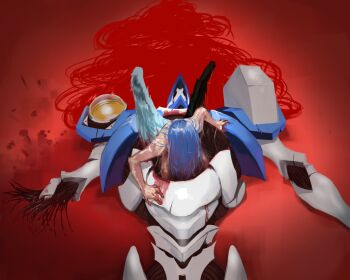 2girls amputee angel_wings asymmetrical_wings blood blood_in_hair blood_on_body blood_on_ground blood_on_hands bloody_wings blue_hair corpse death dizzy_(guilty_gear) empty_eyes giving_birth guilty_gear guilty_gear_x guilty_gear_xx guro highres justice_(guilty_gear) long_hair mechanical_arms multiple_girls nude red_hair robot sarasel wings