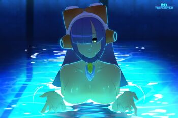 1girl axasempai breasts chainsaw_man dark-skinned_female dark_background dark_skin green_eyes hair_over_eyes highres i&#039;ll_teach_you_everything_(chainsaw_man) implied_nudity large_breasts layer_(mega_man) mega_man_(series) mega_man_x_(series) partially_submerged purple_hair solo upper_body