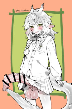 1girl bar_censor blush bow bowtie braid cardigan censored clothes_lift commentary_request cowboy_shot erection foreskin foreskin_insertion futanari green_background green_eyes grin highres horns huge_penis huge_testicles long_hair long_sleeves looking_at_viewer low_twin_braids mirin_chikuwa penis phimosis pleated_skirt pointy_ears skirt skirt_lift smile solo tail testicles twin_braids two-tone_background vrchat