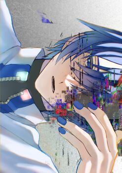1boy blue_eyes blue_hair glitch hand_over_eye hand_up highres jacket kaito_(vocaloid) kusui_mikuro male_focus nail_polish open_mouth portrait sideways solo static vocaloid