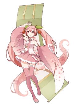 Rule 34 | 1girl, arm up, bare shoulders, blush, boots, breasts, cherry blossom print, cherry hair ornament, collared shirt, commentary request, detached sleeves, floral print, floral print sleeves, food-themed hair ornament, full body, hair ornament, hatsune miku, headset, highres, long hair, long sleeves, looking at viewer, medium breasts, miniskirt, necktie, ohu (kagemaru), open mouth, pink boots, pink eyes, pink hair, pink necktie, pink skirt, pink sleeves, pleated skirt, sakura miku, shirt, simple background, skirt, sleeveless, sleeveless shirt, smile, solo, thick thighs, thigh boots, thighhighs, thighs, twintails, very long hair, vocaloid, white background, wide sleeves, zettai ryouiki