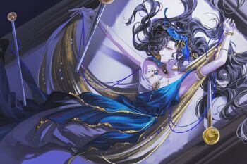 1girl armpits arms_up black_hair blue_dress blue_veil bracelet dress evening_gown feet_out_of_frame from_above gold_cape hair_spread_out hashtag-only_commentary highres idarong insect_pin isolde_(reverse:1999) isolde_(the_last_fluttering_beat)_(reverse:1999) jewelry long_dress long_hair looking_at_viewer lying official_alternate_costume on_back picture_frame profile purple_eyes reverse:1999 sleeveless sleeveless_dress smile solo two-tone_dress veil very_long_hair white_dress