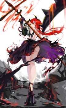 1girl absurdres arknights arknights:_endfield ass backless_dress backless_outfit bare_back black_boots black_dress black_panties boots commentary demon_girl demon_horns dress from_behind from_below high_heel_boots high_heels highres holding holding_sword holding_weapon horns laevatain_(arknights) long_hair panties purple_dress purple_eyes red_hair solo surtr_(arknights) sword tometome1342 two-tone_dress underwear very_long_hair weapon
