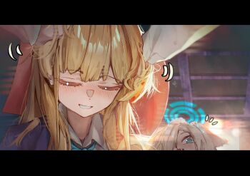 2girls absurdres animal_ears asuna_(blue_archive) blonde_hair blue_archive blue_eyes blue_hair blue_halo blue_necktie closed_eyes collared_shirt dog_ears fang grin hair_over_one_eye halo hands_on_another&#039;s_head headpat highres kemonomimi_mode long_hair looking_at_viewer minibi_(minibeat) multicolored_hair multiple_girls necktie notice_lines open_mouth school_uniform shirt smile streaked_hair toki_(blue_archive) toki_(school_uniform)_(blue_archive) white_shirt