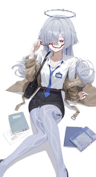 1girl absurdres black_skirt blue_necktie collared_shirt colored_eyelashes commentary duplicate earrings glasses gradient_clothes hair_intakes hair_over_one_eye halo highres holographic_interface id_card jacket jewelry llami_0 long_hair mornye_(wuthering_waves) necktie pencil_skirt pixel-perfect_duplicate red_eyes see-through_body shirt skirt triangle_earrings white_shirt wuthering_waves