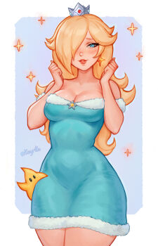 1girl absurdres alternate_breast_size_(larger) aqua_dress bare_shoulders blonde_hair blue_dress blue_eyes blush breasts cleavage collarbone crown dress earrings grey_crown hair_over_one_eye highres jewelry kayav large_breasts long_hair looking_at_viewer luma_(mario) mario_(series) nintendo off-shoulder_dress off_shoulder parted_lips rosalina silver_crown smile star_(symbol) star_earrings super_mario_galaxy