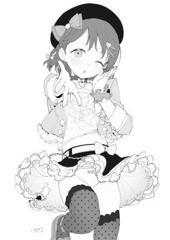 1girl ;o blush djheycha greyscale hat heart-shaped_ornament highres idolmaster idolmaster_cinderella_girls jacket looking_at_viewer monochrome one_eye_closed open_clothes open_jacket panties pantyshot petite sasaki_chie short_hair skirt solo standing standing_on_one_leg thighhighs underwear wind wind_lift