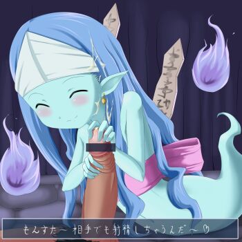 Rule 34 | blue hair, blue skin, blush, censored, closed eyes, colored skin, cum, cum on body, cum on hair, earrings, facial, flat chest, floating, ghost, glansjob, handjob, jewelry, long hair, monster girl, navel, penis, pixiv103456, pointy ears, smile, spirit, translation request