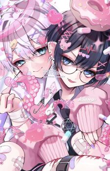 Rule 34 | 2boys, bandaged arm, bandages, bandaid, bandaid on face, bandaid on leg, blood, blue eyes, commentary request, crossdressing, crossdressing (mtf), donut, food, glasses, hair between eyes, hair ornament, hairclip, halo, highres, kaminoq, looking at another, male focus, multiple boys, open mouth, original, pointy ears, round eyewear, smile, tentacles, thigh strap, watermark, yami kawaii