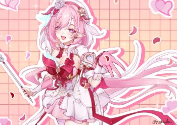 1girl beret breasts cleavage commentary_request diamond-shaped_pupils diamond_(shape) dress earrings elf elysia_(hi_love_elf)_(honkai_impact) elysia_(honkai_impact) falling_petals gloves grid_background hat heart heart_earrings highres holding_ribbon_baton honkai_(series) honkai_impact_3rd jewelry large_breasts long_hair looking_at_viewer multicolored_hair natsukn petals pink_gloves pink_hair pointy_ears purple_eyes red_dress single_glove smile solo symbol-shaped_pupils twitter_username two-tone_hair very_long_hair white_dress white_hair