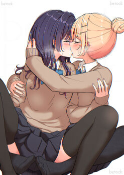 2girls absurdres betock black_skirt black_thighhighs blonde_hair blue_bow blue_bowtie blue_hair bow bowtie brown_sweater commentary_request hair_ornament hairclip highres hug kiss long_hair multiple_girls no_shoes original parallel_hairclips pleated_skirt short_hair simple_background skirt sweatdrop sweater thighhighs white_background yuri