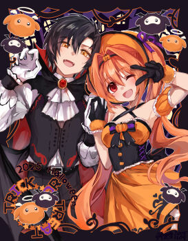 1boy 1girl ahoge antenna_hair black_cape black_hair brooch brown_hair cape dated double-parted_bangs eiyuu_densetsu english_text estelle_bright fangs gloves hair_between_eyes hair_intakes halloween halloween_costume highres jack-o&#039;-lantern jewelry joshua_bright long_hair long_sleeves looking_at_viewer mullet neckerchief open_mouth parted_bangs popped_collar puffy_long_sleeves puffy_sleeves red_eyes short_hair smile sora_no_kiseki twintails two-sided_cape two-sided_fabric upper_body v vampire vampire_costume very_long_hair vest waistcoat white_neckerchief willfin yellow_eyes