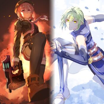 1boy 1girl ankle_boots belt beret black_gloves black_thighhighs blue_coat bob_cut boots brown_boots brown_gloves coat commentary_request cropped_jacket double-parted_bangs eiyuu_densetsu elbow_gloves falling_leaves fingerless_gloves floating_neckwear foot_out_of_frame gloves green_hair green_hat green_jacket gun hair_between_eyes hajimari_no_kiseki hat highres holding holding_gun holding_weapon jacket leaf long_sleeves looking_at_viewer multiple_belts necktie noel_seeker pink_hair red_eyes red_necktie short_hair sleeveless sleeveless_coat smoke thigh_boots thighhighs wazy_hemisphere weapon white_boots yellow_eyes yingkongji1