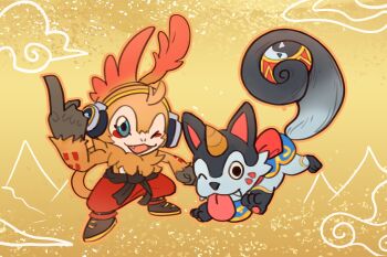 765_nanami blue_eyes brown_fur character_request digimon digimon_(creature) dog fang fangs full_body highres horns monkey one_eye_closed simple_background single_horn tongue tongue_out