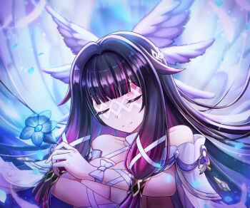 1girl absurdres black_hair blue_flower blunt_bangs closed_eyes closed_mouth collarbone columbina_(genshin_impact) dress feathered_wings flower genshin_impact head_wings highres holding holding_flower multicolored_hair multiple_wings pink_hair ribbon rina_sukareltuto sidelocks smile solo white_dress white_mask white_ribbon wings wrist_ribbon