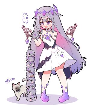 &gt;_&lt; 1girl :3 :d absurdres ankle_boots armlet bare_shoulders black_corset blush_stickers boots cat center-flap_bangs chest_jewel circlet colored_inner_hair commentary corset crack detached_collar detached_sleeves detached_wings ditto double-parted_bangs dress english_commentary eyebrows_hidden_by_hair forehead_jewel gem gen_1_pokemon gradient_hair grey_hair hair_flaps hand_jewel headpiece highres hololive hololive_english jewel_under_eye jewelry john_cat_(koseki_bijou) koseki_bijou koseki_bijou_(1st_costume) long_hair medium_dress multicolored_hair nintendo open_mouth pebble_(koseki_bijou) pink_hair pleated_dress pokemon purple_boots purple_eyes purple_gemstone purple_hair shutowl sidelocks simple_background single_detached_sleeve smile solo stack stacking strapless strapless_dress sweat transformed_ditto underbust very_long_hair virtual_youtuber waist_cape wall-eyed white_background white_dress white_sleeves wings x_x