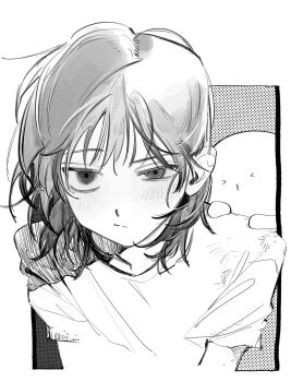 1girl :/ ^3^ absurdres animal animal_on_shoulder blush commentary_request half-closed_eye hatching_(texture) highres kuze_shizuka linear_hatching nidone_0927 octopus shirt short_hair short_sleeves solo t-shirt takopii takopii_no_genzai upper_body