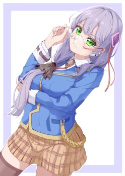 1girl adjusting_eyewear commentary_request glasses green_eyes hair_ornament hair_ribbon heaven_burns_red highres izumi_yuki_(heaven_burns_red) long_hair looking_at_viewer purple_eyes ribbon school_uniform talesten1010