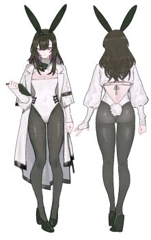 1girl alternate_costume animal_ears arknights ass black_pantyhose black_shoes breasts brown_hair clipboard closed_mouth coat fake_animal_ears fake_tail from_behind full_body grey_background hair_between_eyes highres holding holding_clipboard izaru_31 lab_coat leotard looking_down medium_hair multiple_views pantyhose playboy_bunny priestess_(arknights) purple_eyes rabbit_ears rabbit_tail shoes simple_background small_breasts smile tail white_coat white_leotard