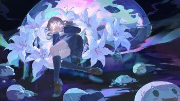 1girl absurdres bang_dream! bang_dream!_it's_mygo!!!!! blue_shirt blue_skirt blue_socks brown_shoes character_doll chihaya_anon chinese_commentary closed_eyes commentary_request crychic_(bang_dream!) doll flower flower_request highres kneehighs loafers lying nagasaki_soyo on_back rock shiina_taki shirt shoes sidelocks skirt socks takamatsu_tomori togawa_sakiko wakaba_mutsumi was775