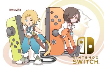 1boy 1girl arms_behind_back artist_name bare_shoulders belt blonde_hair blue_eyes blue_pants blue_ribbon blue_wrist_cuffs bodysuit boots breasts brown_belt brown_eyes brown_hair cat_tail chibi chibi_only choker cleavage closed_mouth controller cropped_vest crystal earrings final_fantasy final_fantasy_ix full_body game_controller garnet_til_alexandros_xvii gloves green_vest grey_boots grey_choker grey_gloves hair_ribbon hand_on_own_hip highres jewelry joy-con juliet_sleeves leaning_forward lesuna light_smile long_sleeves looking_at_viewer male_focus medium_breasts neck_ribbon nintendo_switch one_eye_closed orange_bodysuit pants parted_bangs parted_lips pendant puffy_sleeves red_boots red_gloves ribbon shirt short_hair sleeveless sleeveless_shirt smile solo standing tail teeth thigh_strap vest white_background white_shirt wrist_cuffs zidane_tribal