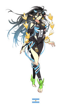 1girl 2018_fifa_world_cup argentina argentinian_flag barefoot black_hair black_legwear breasts female_focus full_body green_eyes hair_between_eyes long_hair medium_breasts pointy_ears simple_background soccer solo toeless_legwear white_background world_cup yu_yanshu