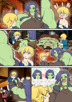 1boy 1girl aged_down black_sclera blonde_hair blood blue_eyes breasts colored_sclera colored_skin female_orc flashback green_skin huge_breasts indoors lifting_person long_hair monster_girl motion_lines muscular muscular_female nenbuta orc original pointy_ears red_eyes